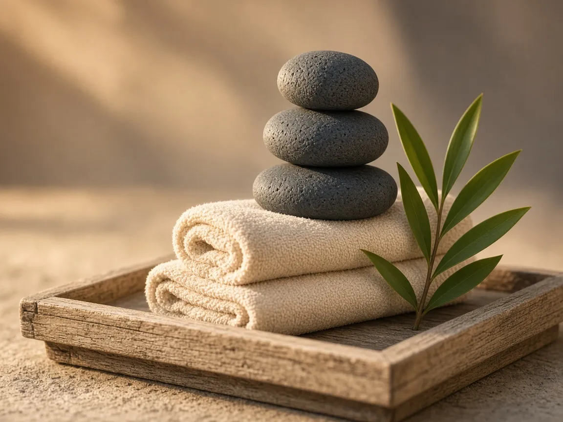 Basalt stones on towels with a ti leaf